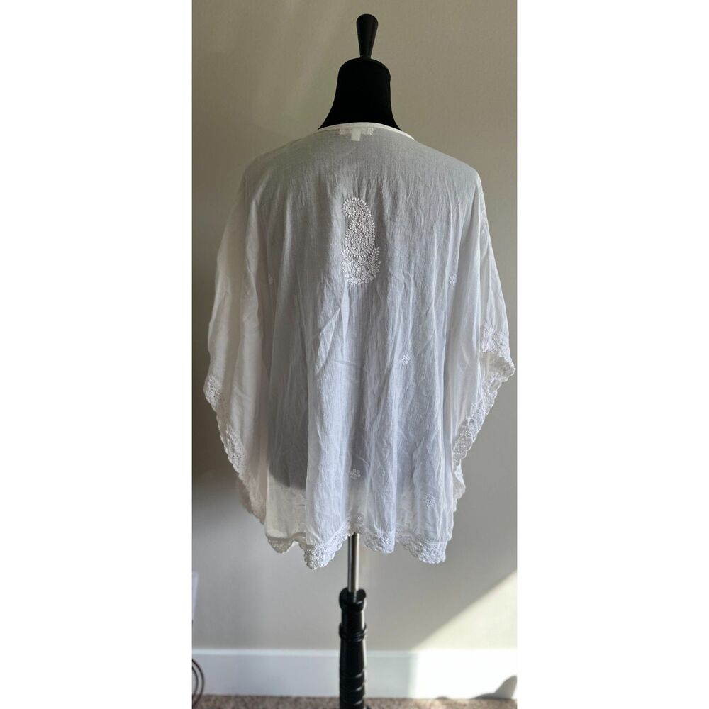 HOLI White Cotton Embroidered Tie Neck Tasseled Oversized Tunic Top Size L - Picture 6 of 7